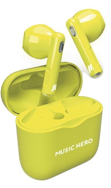 Żółte bezprzewodowe słuchawki w etui ładującym, białe tło.