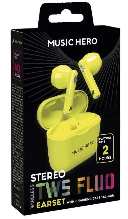 Żółte bezprzewodowe słuchawki douszne w etui ładującym, na pudełku z tekstem.