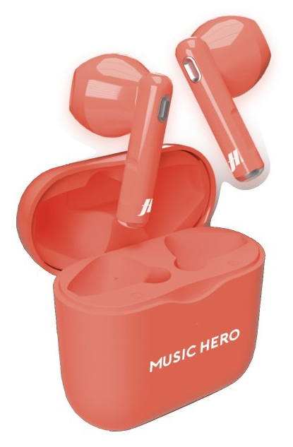 Czerwone bezprzewodowe słuchawki i etui ładujące, z napisem Music Hero na etui.