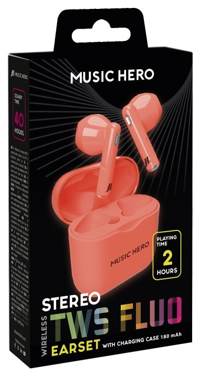 Słuchawki w etui ładującym, z opakowaniem i tekstem w kolorze pomarańczowym.