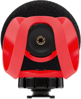 Une suspension antichoc rouge pour micro avec mousse noire et connecteur fileté.