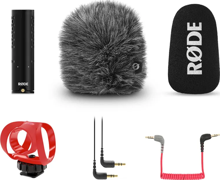 Accessoires micro Rode : micro, bonnette poilue, bonnette mousse, support, câbles.