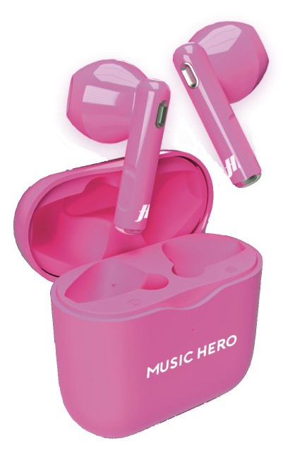 Różowe słuchawki Music Hero i etui ładujące, ujęcie z bliska.