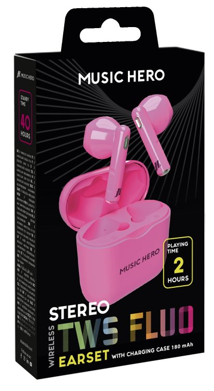 Różowe słuchawki Music Hero i etui ładujące na czarnym tle. Czas czuwania 40 godzin.