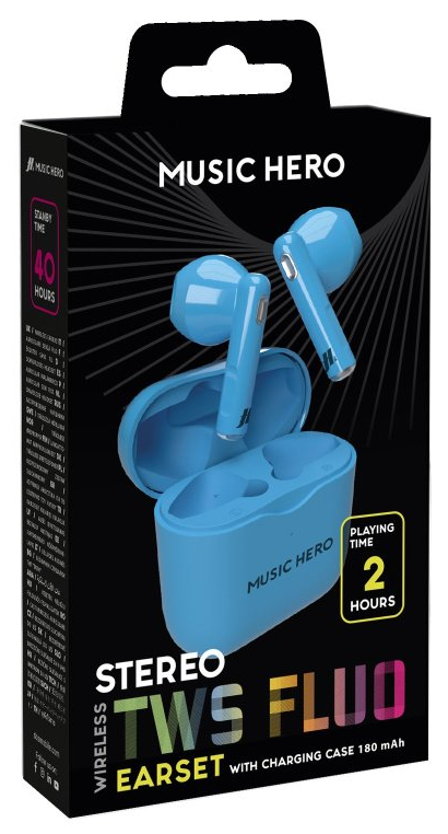 Pudełko z niebieskimi bezprzewodowymi słuchawkami i etui ładującym. Pudełko jest czarne.