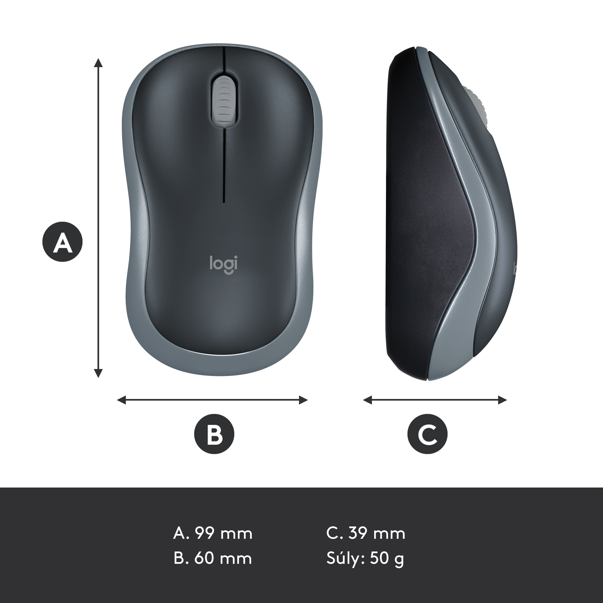 Szürke és fekete számítógépes egér felülnézetből és oldalnézetből, méretekkel: 99 mm, 60 mm, 39 mm, 50 g.
