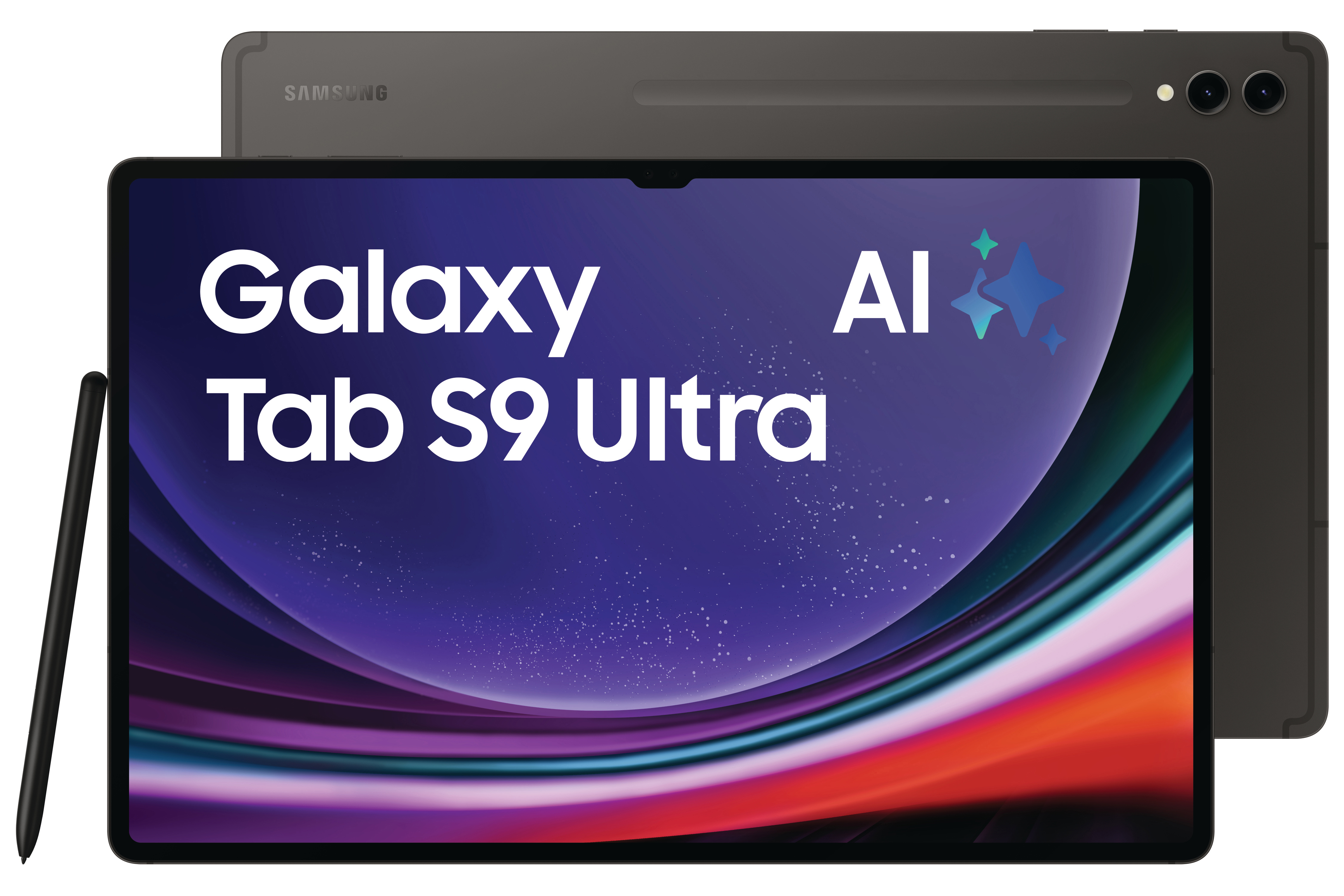 Tablet mit Stift links, Rückseite des Tablets rechts, Text 'Galaxy Tab S9 Ultra'.