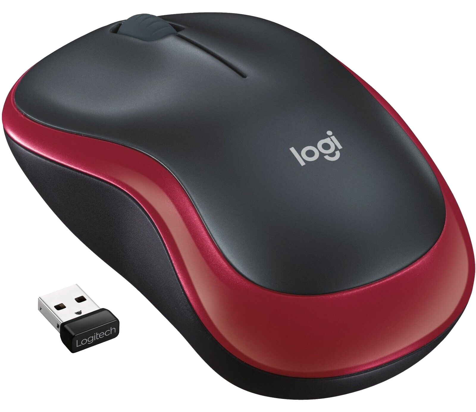 Fekete és piros Logitech vezeték nélküli egér USB vevővel. A Logitech logó látható.
