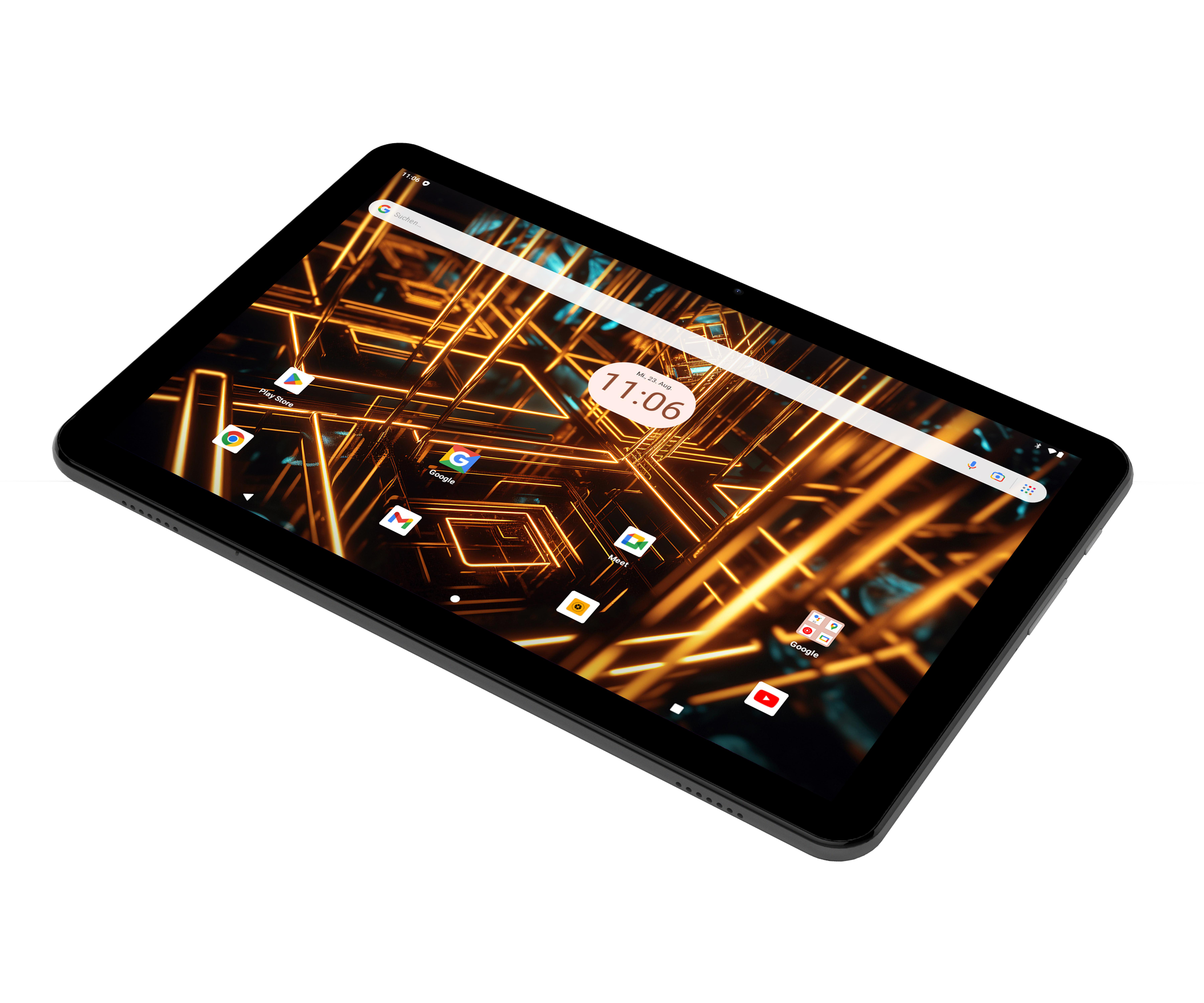 Schwarzes Tablet auf weißer Oberfläche, Bildschirm mit farbigem Digitalhintergrund.