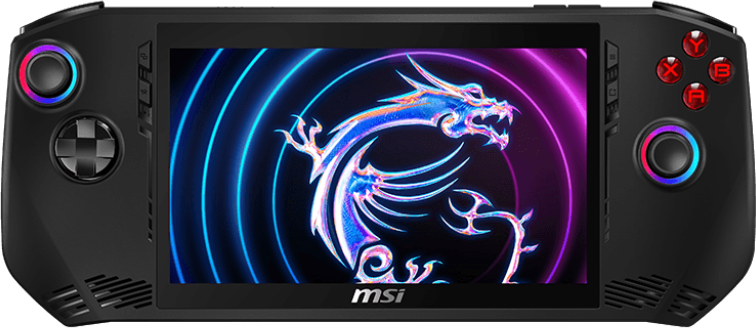 Appareil de jeu portable noir, sur l'écran un graphisme de dragon avec des néons.