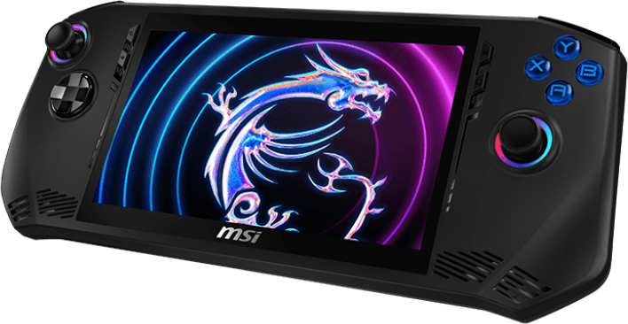 Console de jeu portable noire avec un écran affichant une image de dragon. Les boutons sont bleus et rouges.