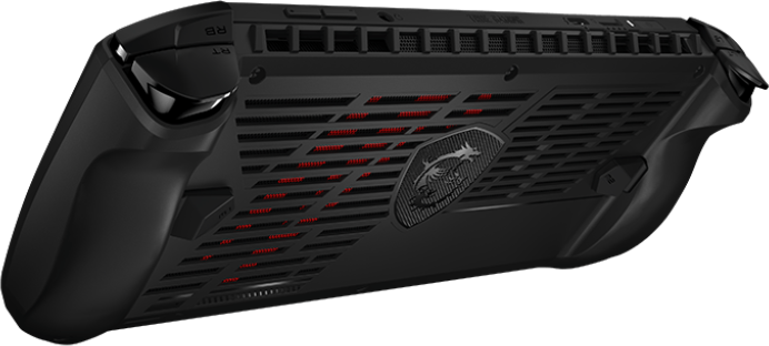 Appareil de jeu portable MSI Claw, noir, avec aérations rouges et logo.
