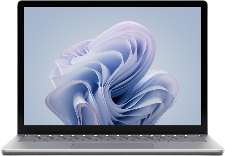 Laptop mit silbernem Gehäuse, zeigt ein blau-weißes abstraktes Blumenmuster auf dem Bildschirm.