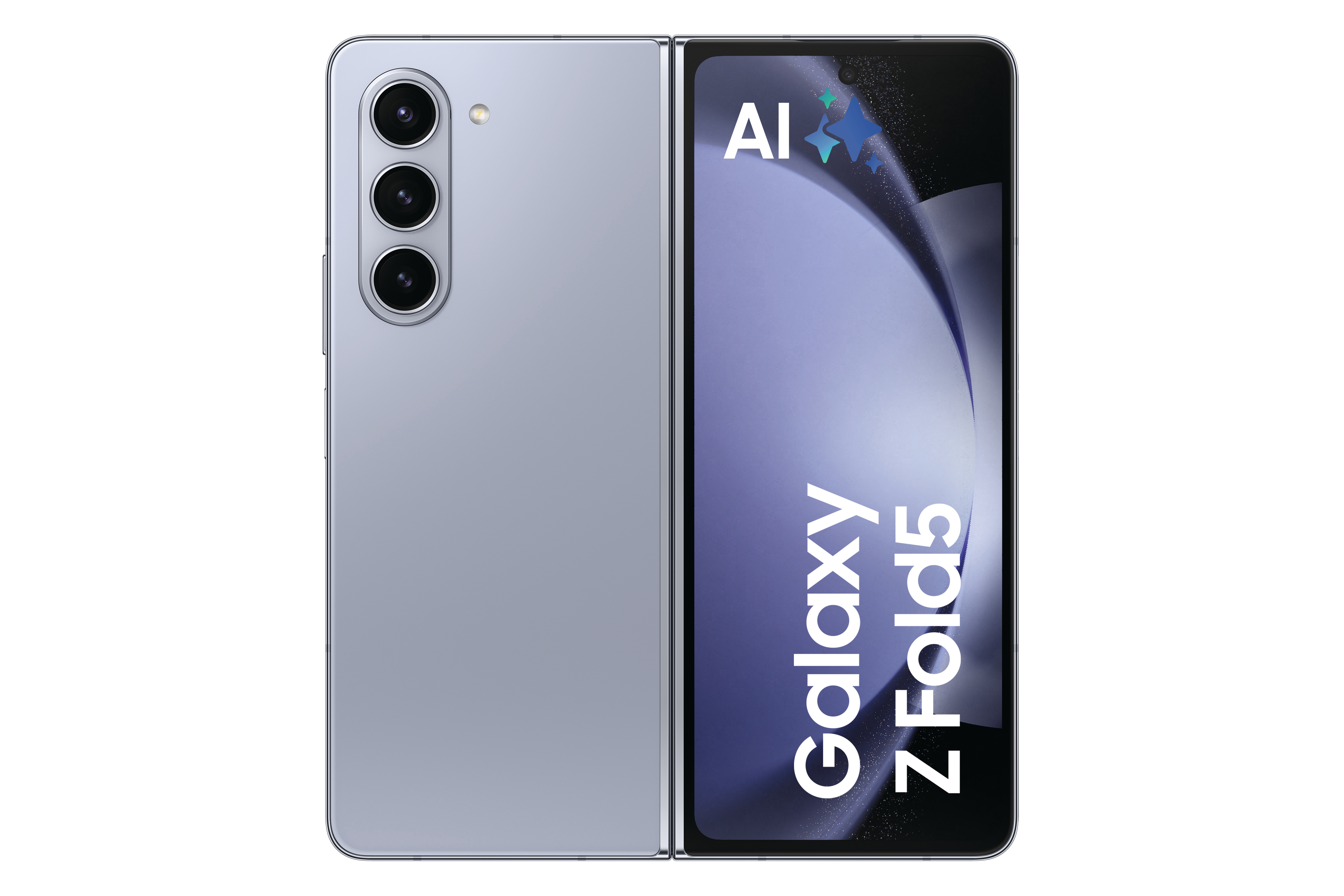 Gefaltetes hellgraues Telefon mit drei Rückkameras. Angezeigter Bildschirm zeigt 'Galaxy Z Fold5' und 'AI'-Logo.