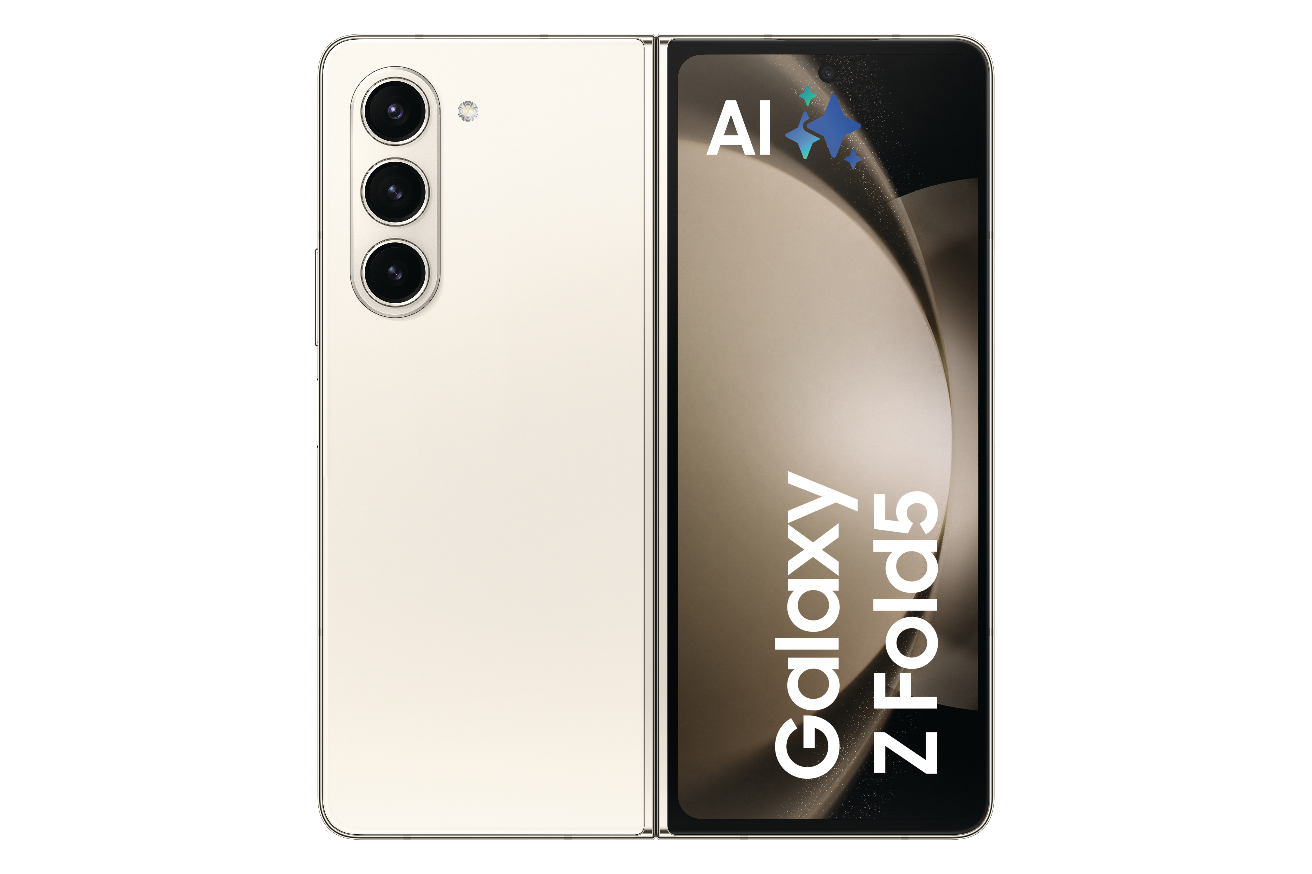 Ein gefaltetes goldenes Telefon mit Kameras und den Worten Galaxy Z Fold5.