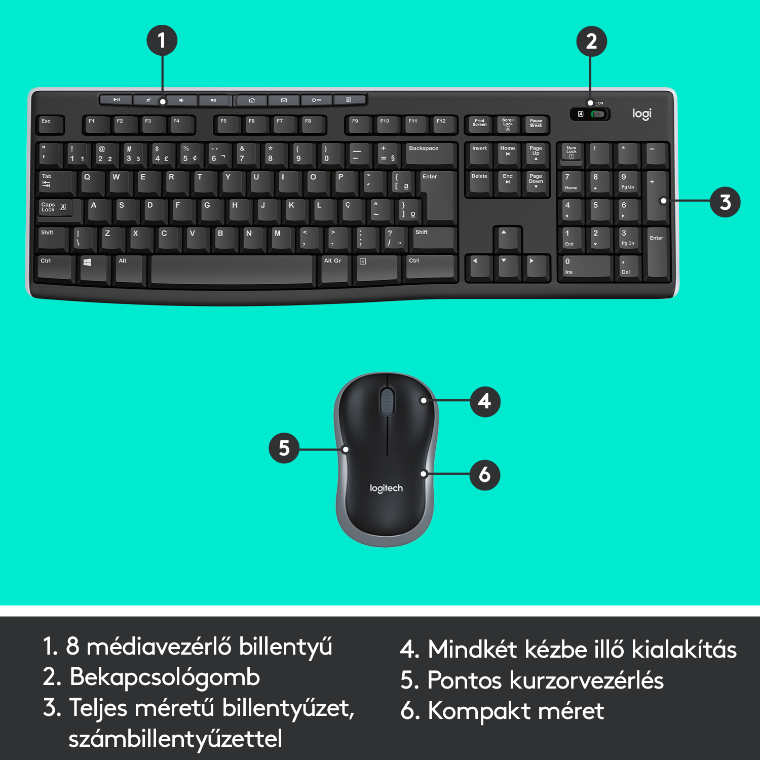 Logitech billentyűzet és egér kombó feliratokkal, fekete-fehér.