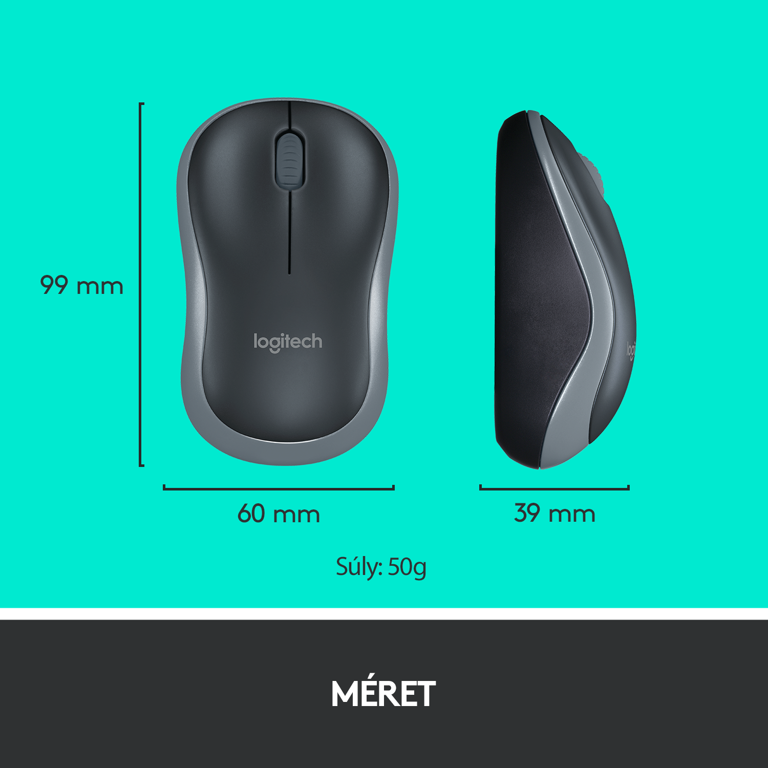 Egy fekete-szürke egér, melynek méreteit milliméterben jelölik, és a szöveg: 'MÉRET'.