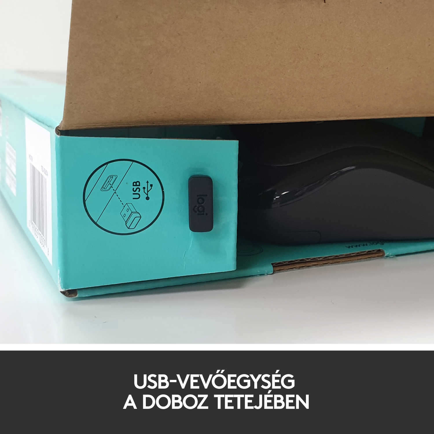 USB vevő a Logitech egér dobozában. A doboz kék és kartonból készült.