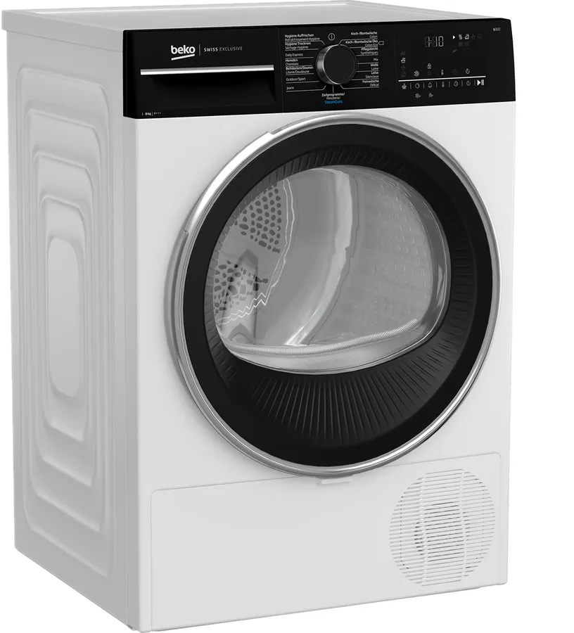 Ein weißer Beko-Trockner mit schwarzem Oberteil, runder Tür und Lüftungsschlitz unten.