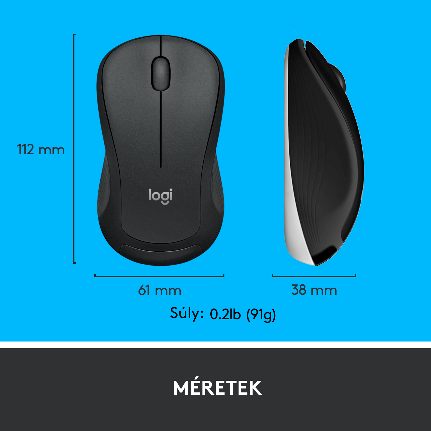 Fekete Logitech egér méretekkel és súlyadatokkal kék háttér előtt.