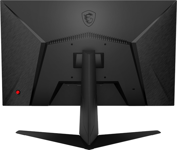 Egy MSI gaming monitor hátulja. Fekete, piros jelzőfénnyel és MSI logóval. Az állvány is fekete.