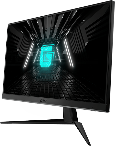 Egy fekete számítógép monitor, amely egy futurisztikus alagutat jelenít meg kék neonfényekkel.