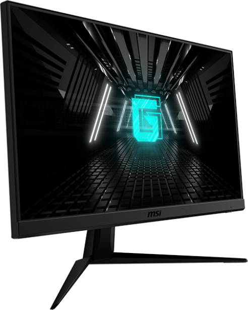 Egy fekete MSI gamer monitor sötét felülettel és egy kék-zöld G logóval a közepén.