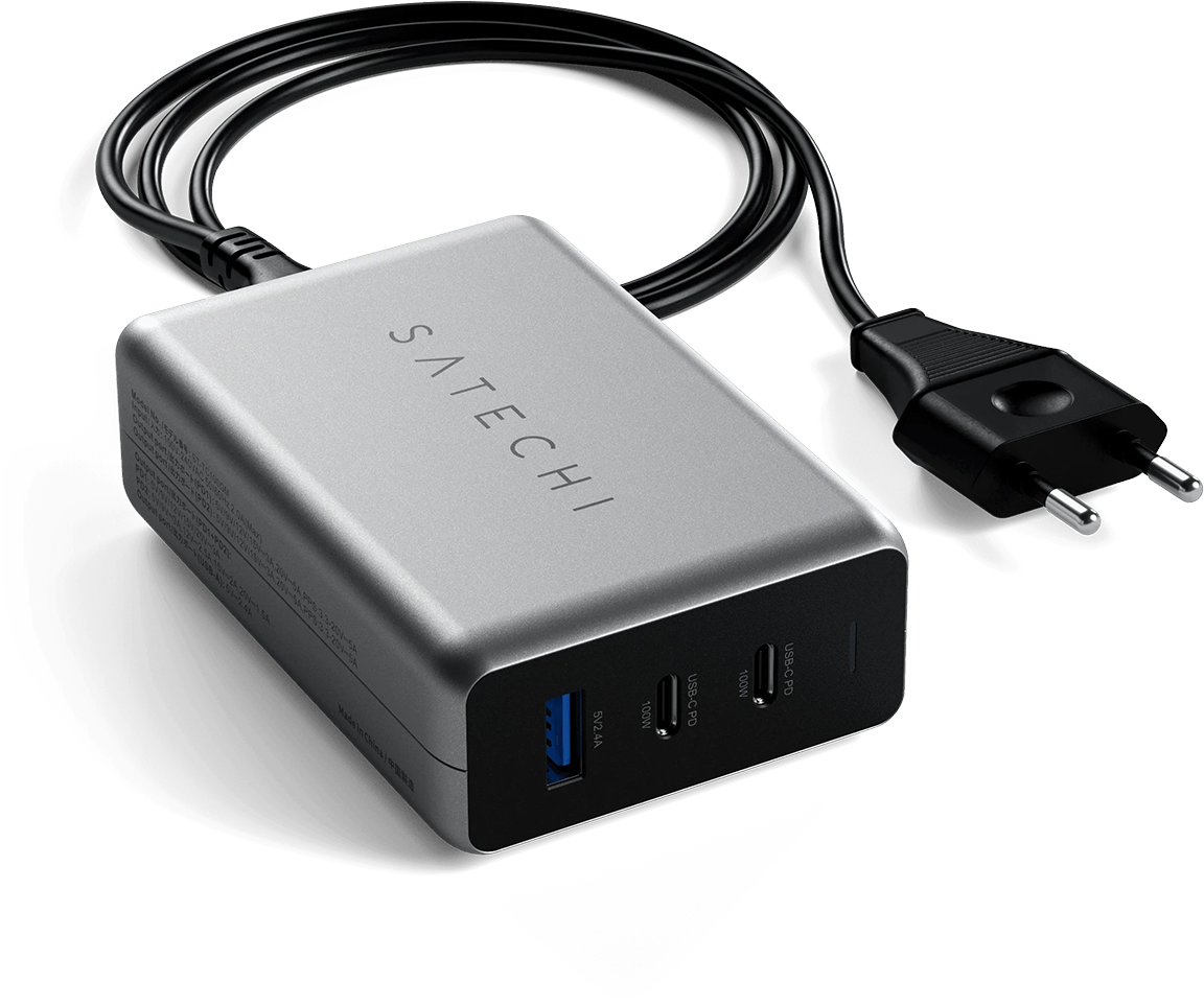 SATECHI USB-C 3 portos kompakt GaN hálózati töltő, maximum 100W összteljesítmény, szürke (ST-TC100GM-EU)