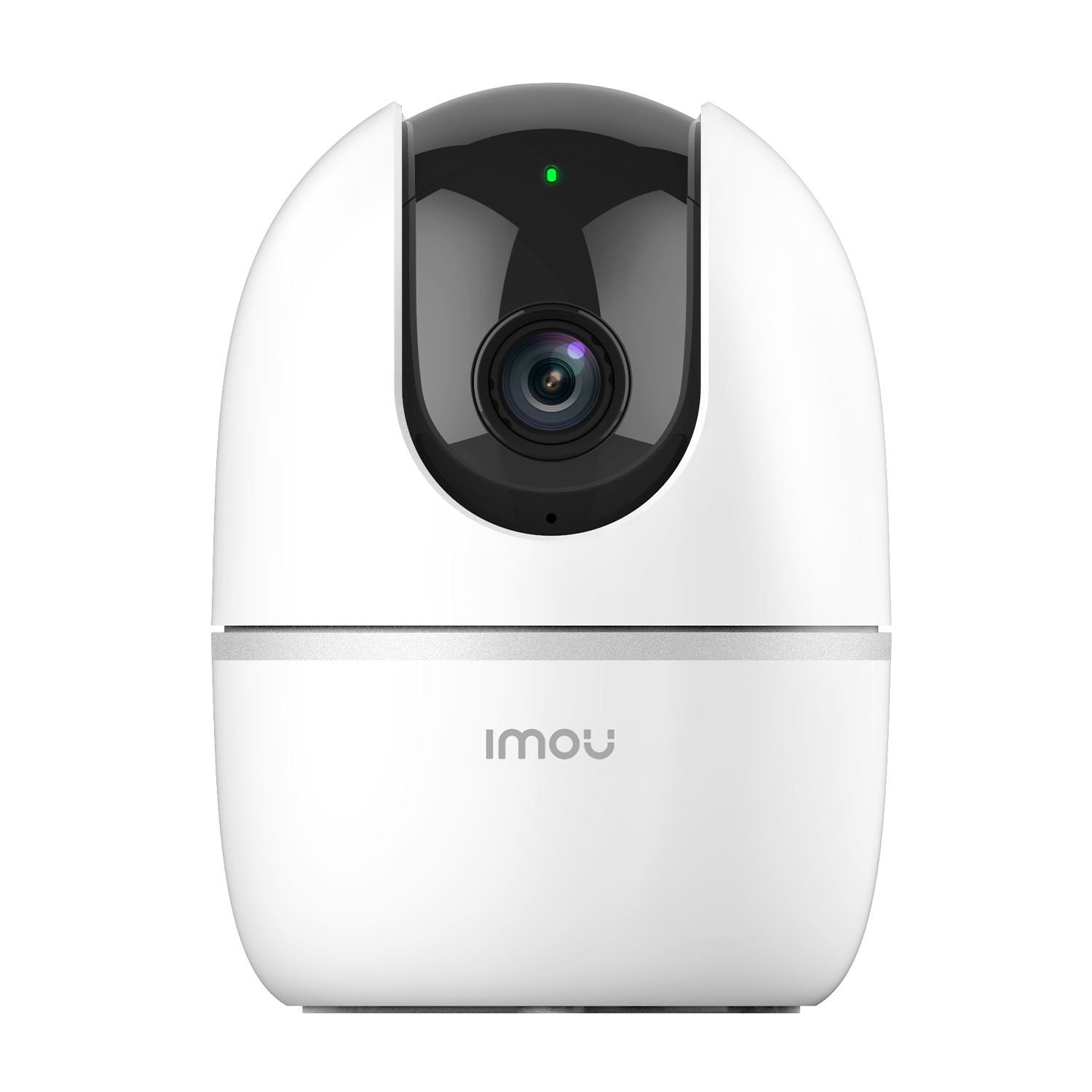 Telecamera di sicurezza bianca e nera con luce verde, a cupola, logo 'imou'.