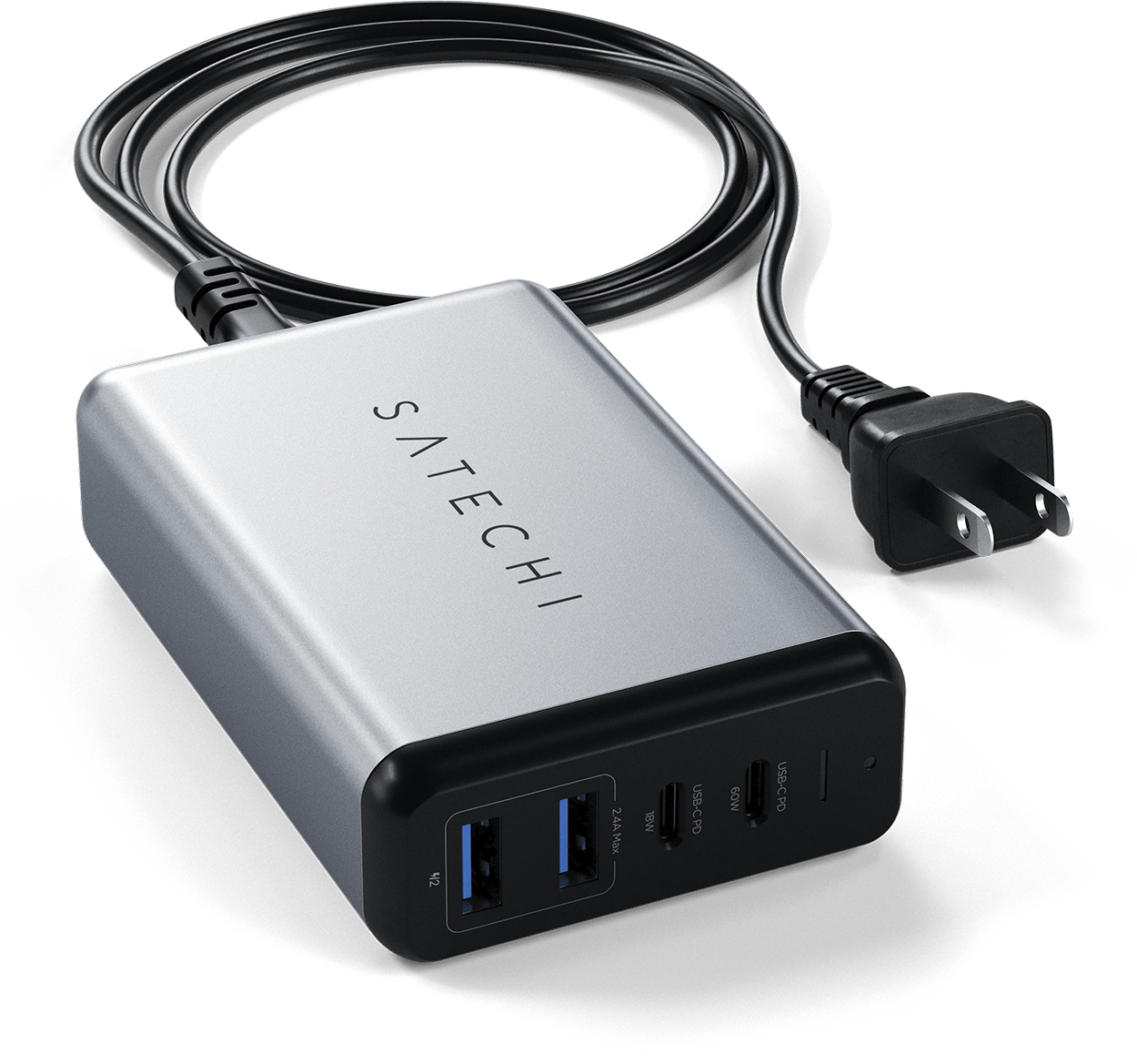 SATECHI Dual hálózati töltő adapter, 2x USB-C, USB-A, max. 75W összteljesítmény, szürke (ST-MC2TCAM)