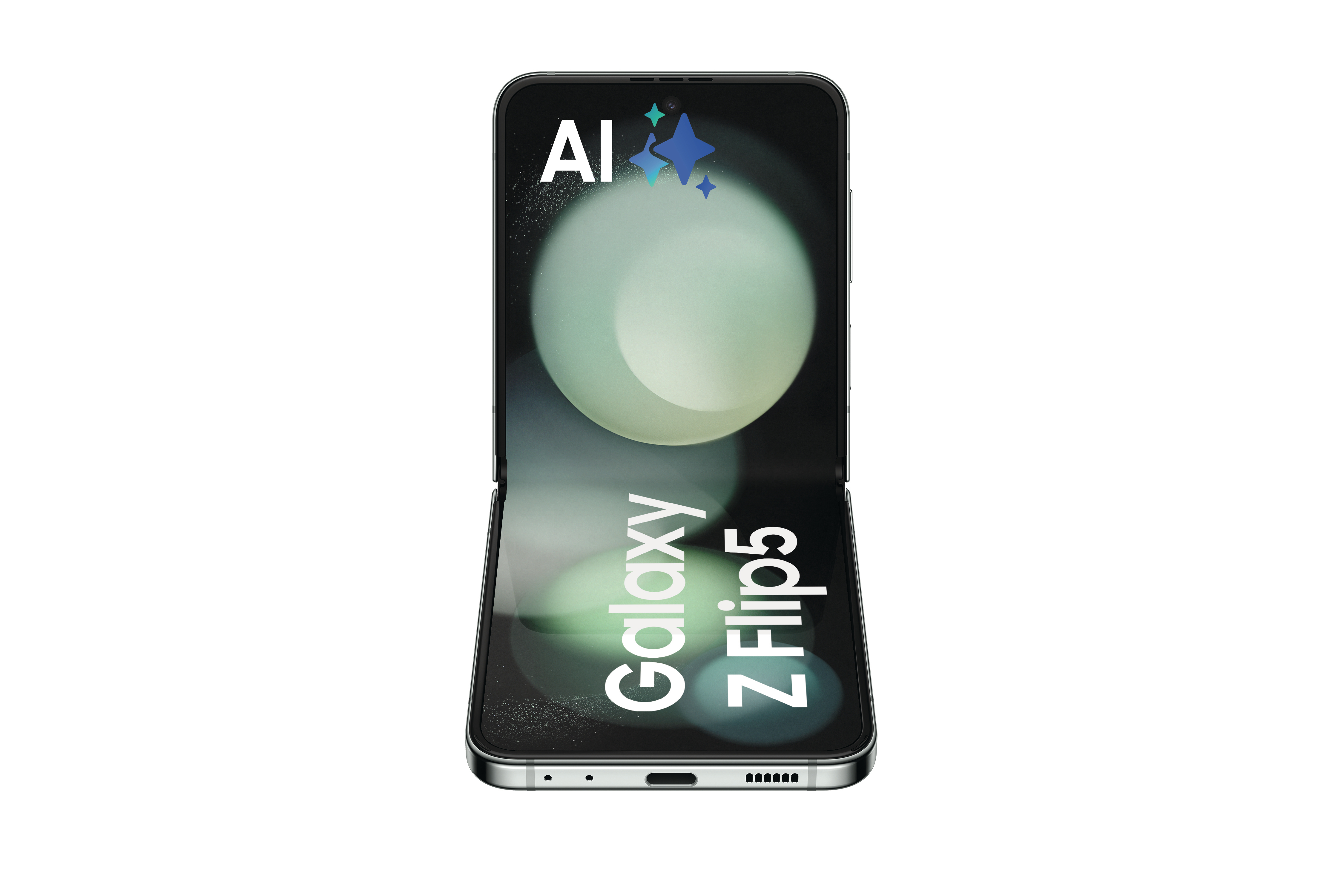 Faltbares Telefon, Galaxy Z Flip5, offen, auf weißem Hintergrund mit KI-Funkeln.