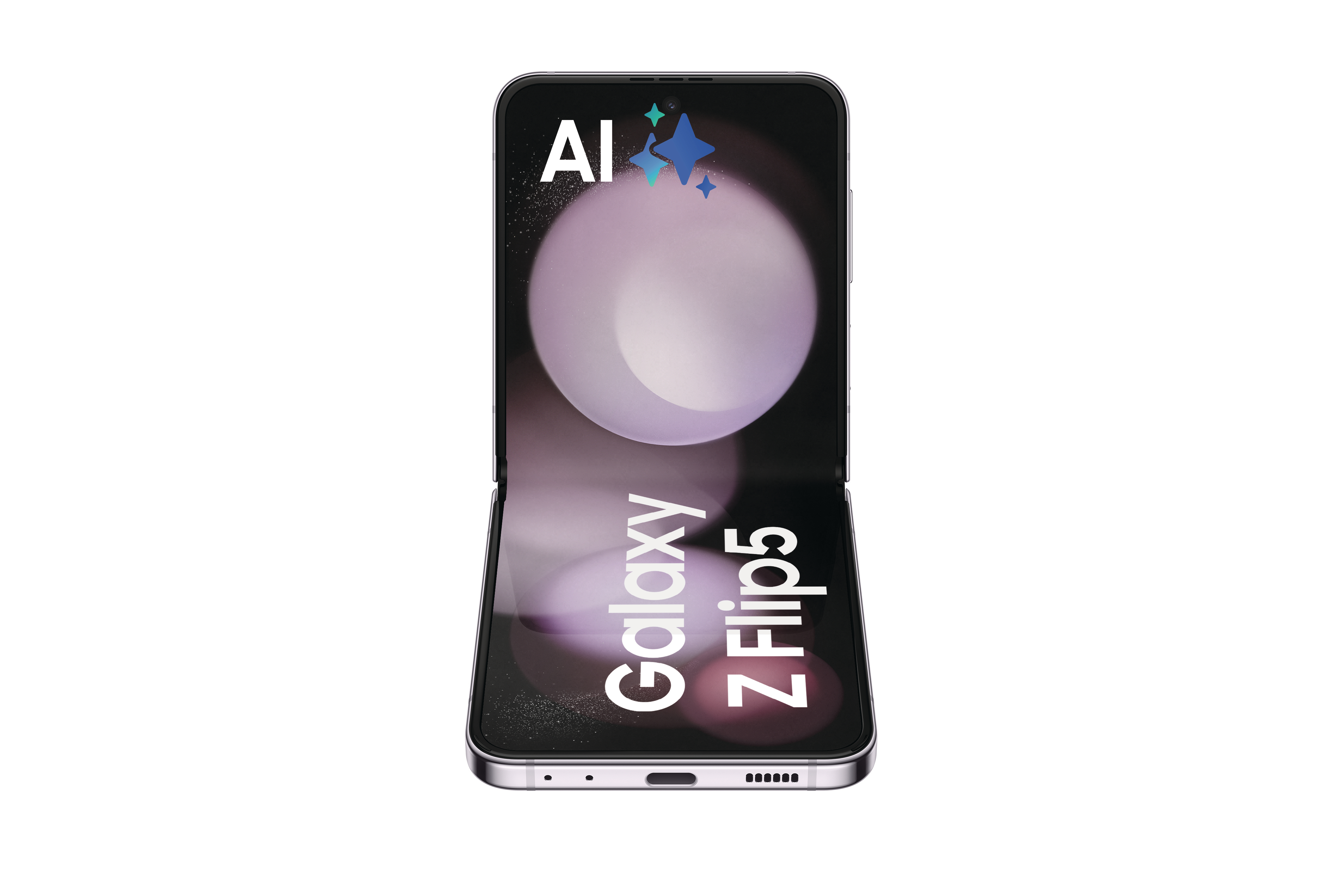Ein zusammengeklapptes, silbernes Smartphone mit dem Galaxy Z Flip5 Logo. Der Bildschirm zeigt eine lila Galaxie.