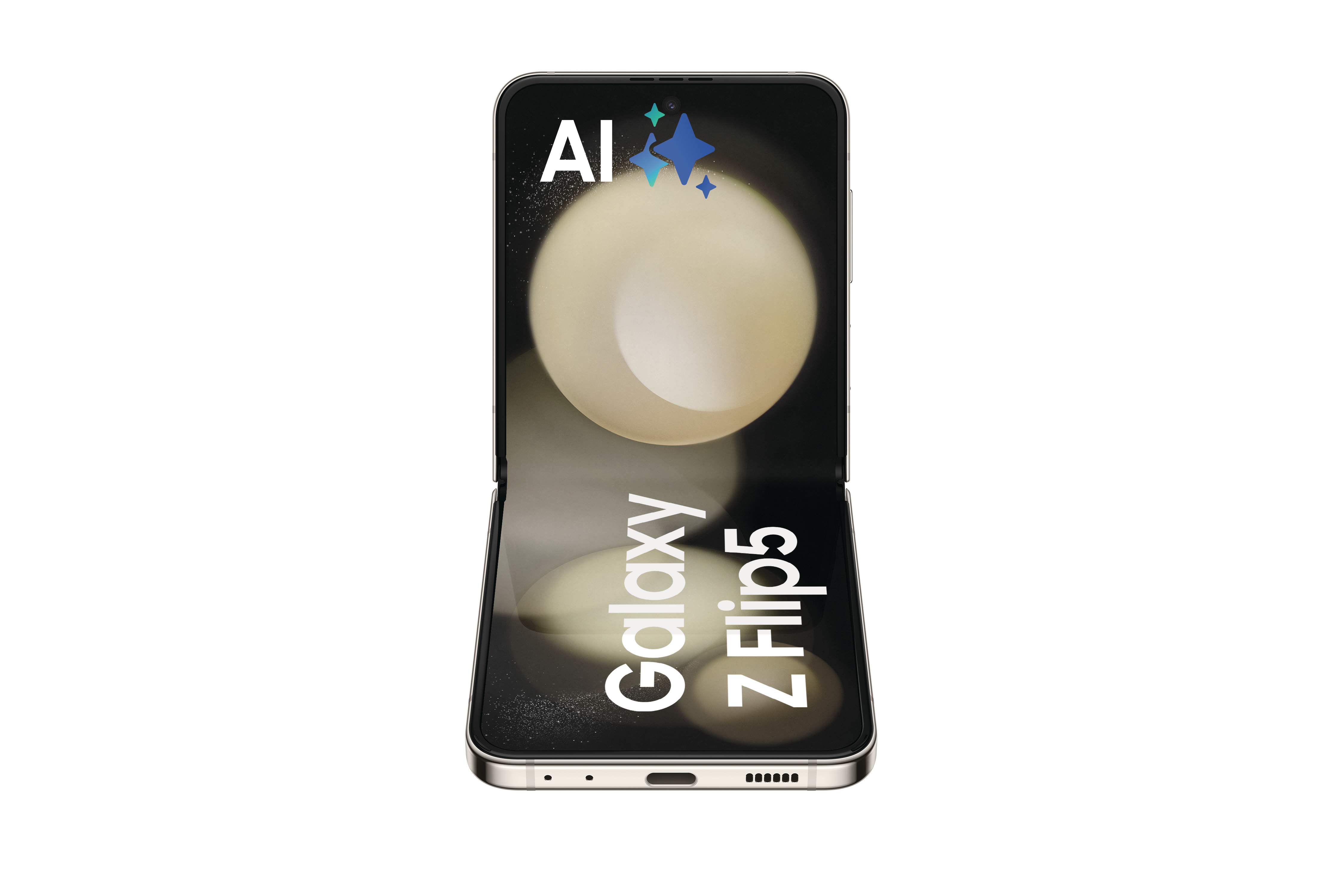 Ein weißes und goldenes Klapphandy mit den Worten 'Galaxy Z Flip5'. Der Hintergrund ist weiß.
