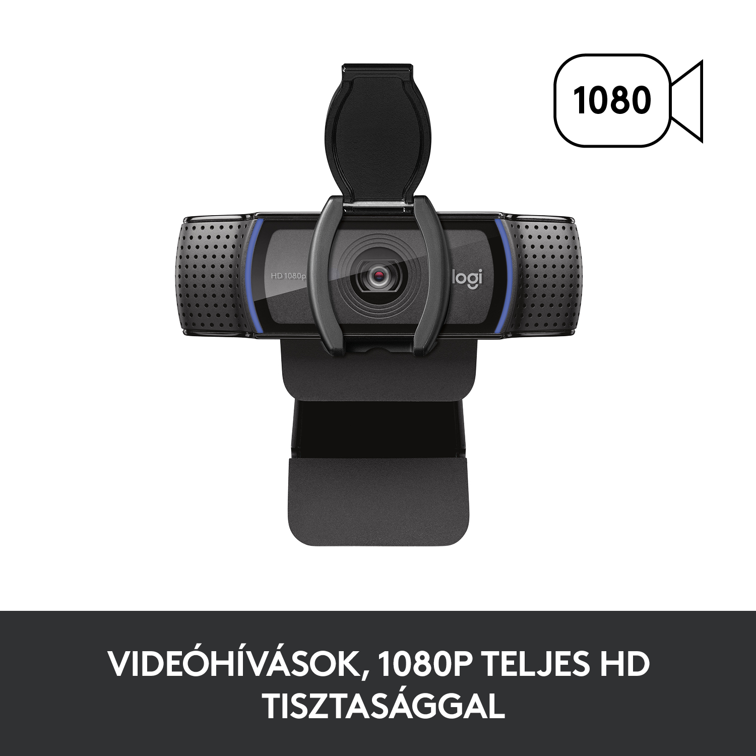 Fekete webkamera HD 1080p felirattal, lencsével és fekete borítással.