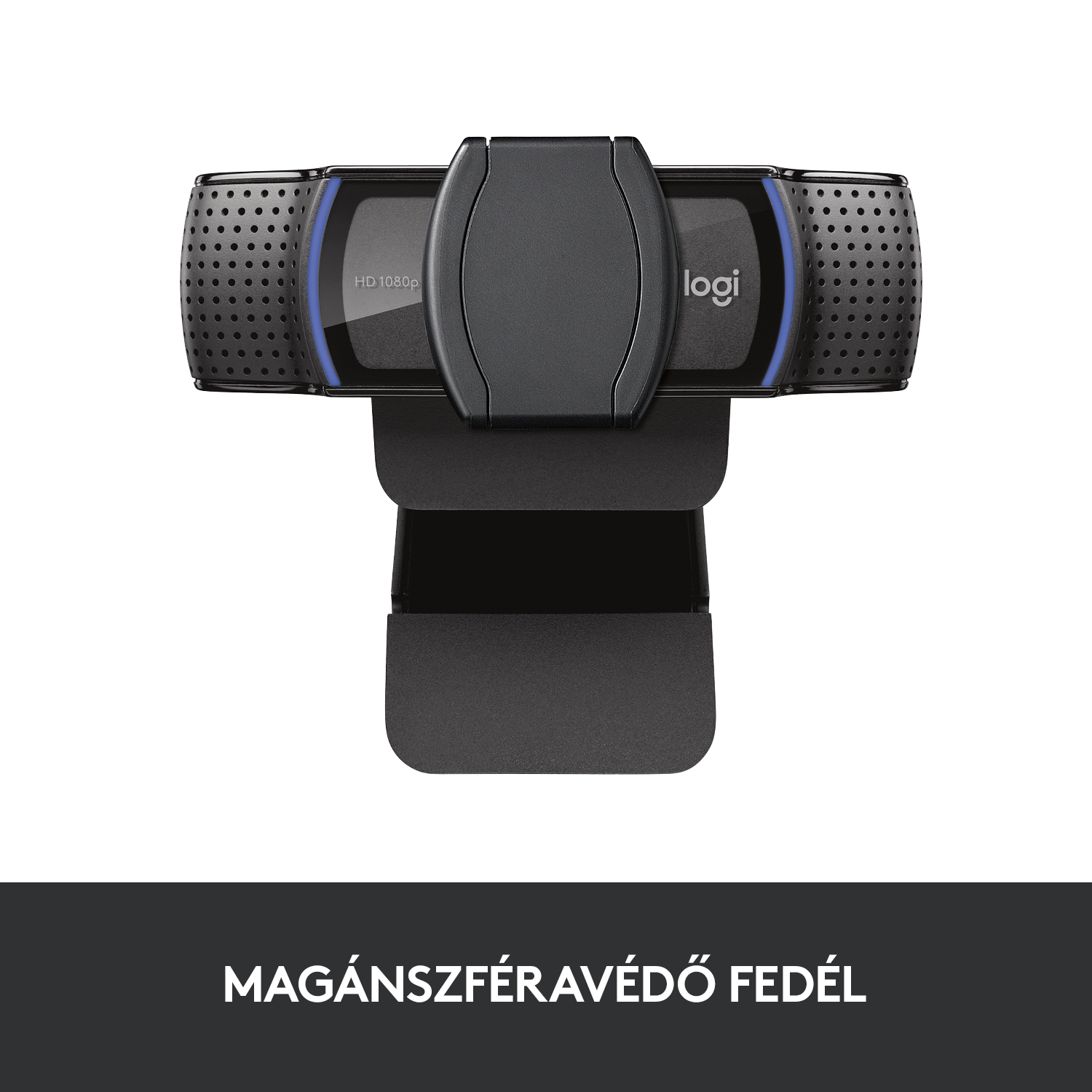 Webkamera takaróval. Fekete, kék díszítéssel, 'logi' felirattal.
