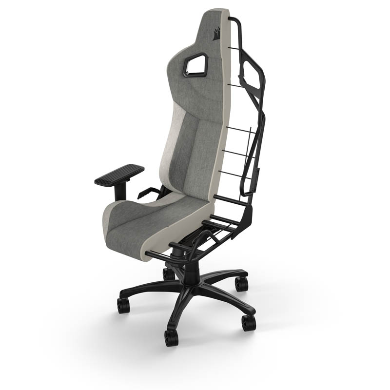 Una silla gaming con una vista recortada de su marco interno y reposabrazos ajustables.