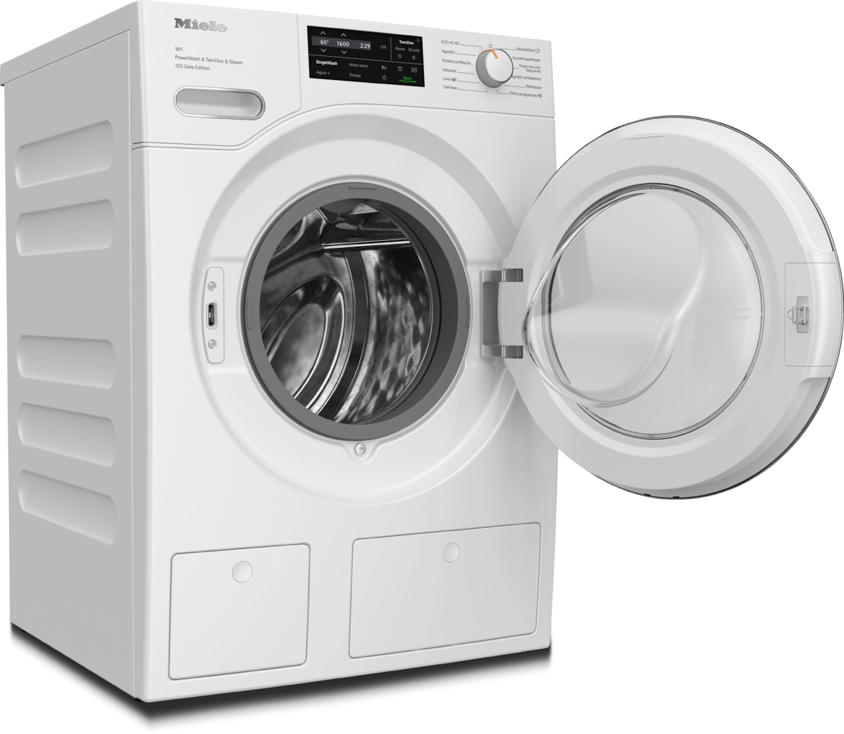 Lavadora blanca con la puerta abierta, con la marca Miele y algo de texto.