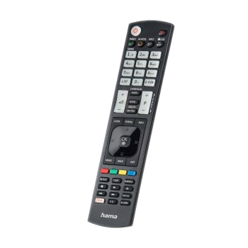 Un mando a distancia Hama negro con muchos botones se muestra sobre un fondo negro.