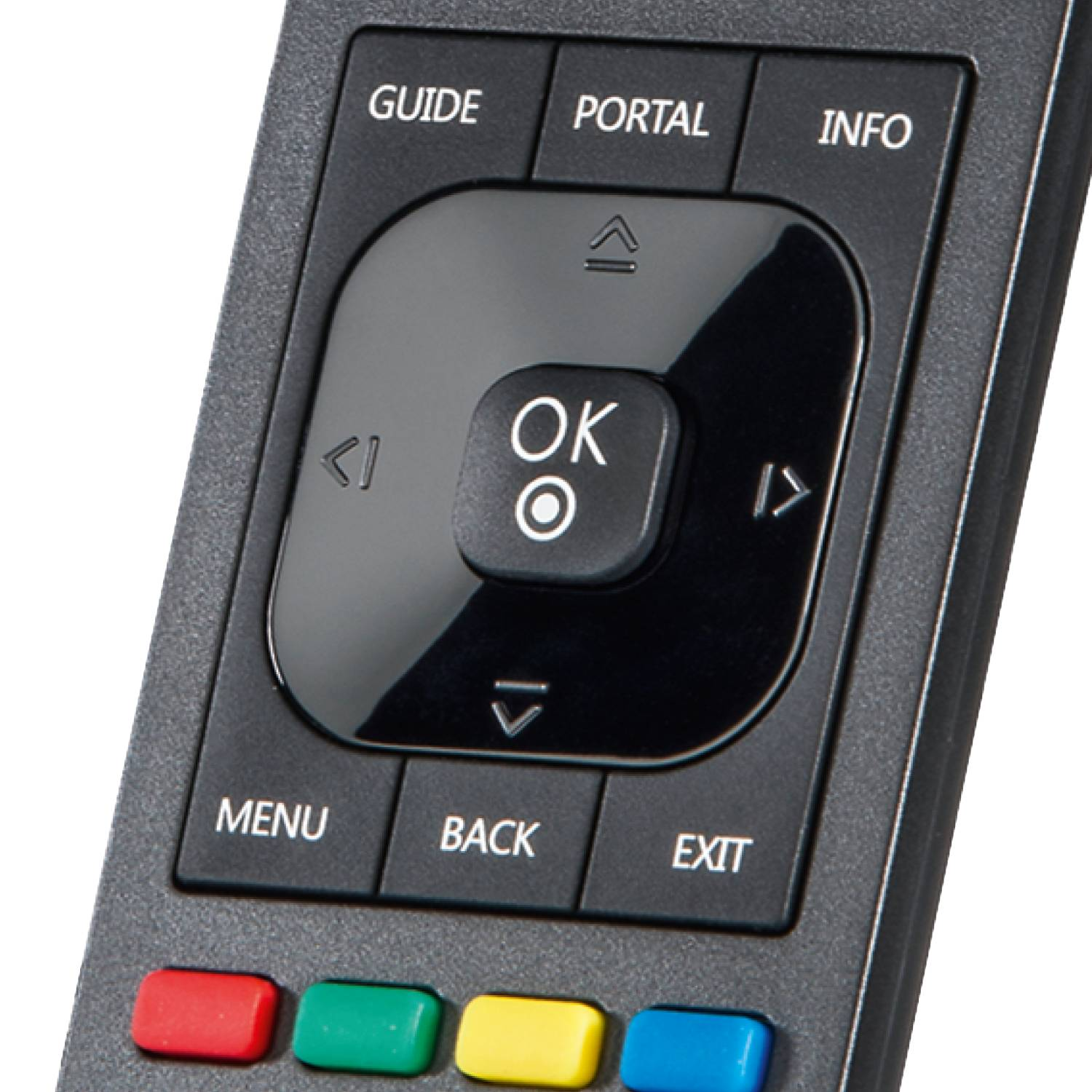 Control remoto con botones. Guía, Portal, Info, OK, Menú, Atrás, Salir visibles.