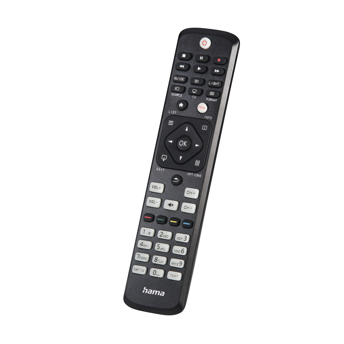 Mando a distancia negro con muchos botones. Guía, Fuente, TV, Formato, Info, Ok, Salir, Vol, Ch y botones numéricos.