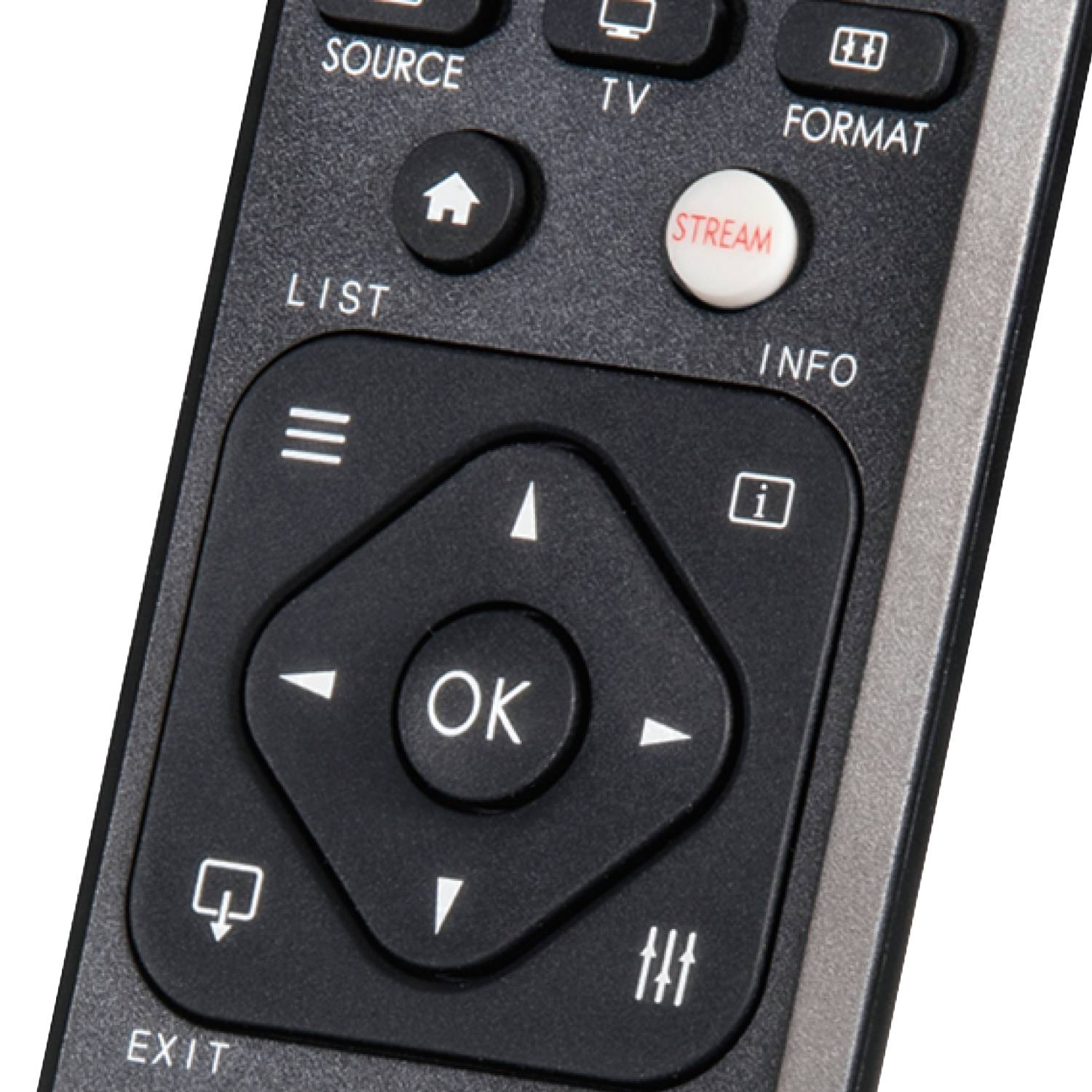 Primer plano de un mando a distancia de TV. Muestra botones con etiquetas como 'Stream', 'OK' y 'Exit'.