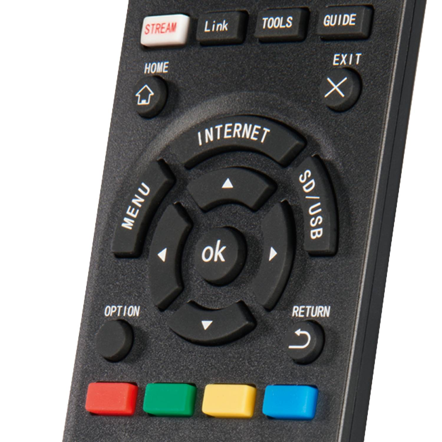 Primer plano de un mando a distancia de TV. Muestra botones etiquetados como 'Menú', 'OK', 'Internet' y botones de colores.