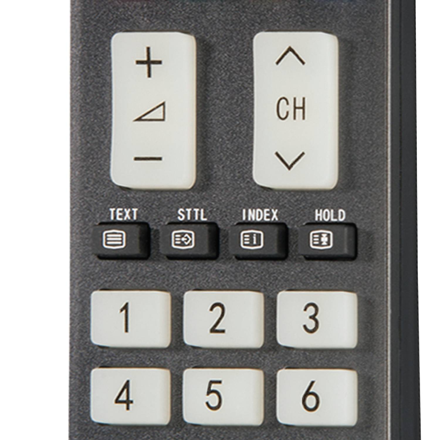 Primer plano de los botones de un mando a distancia. Botones blancos con texto negro sobre un cuerpo gris.