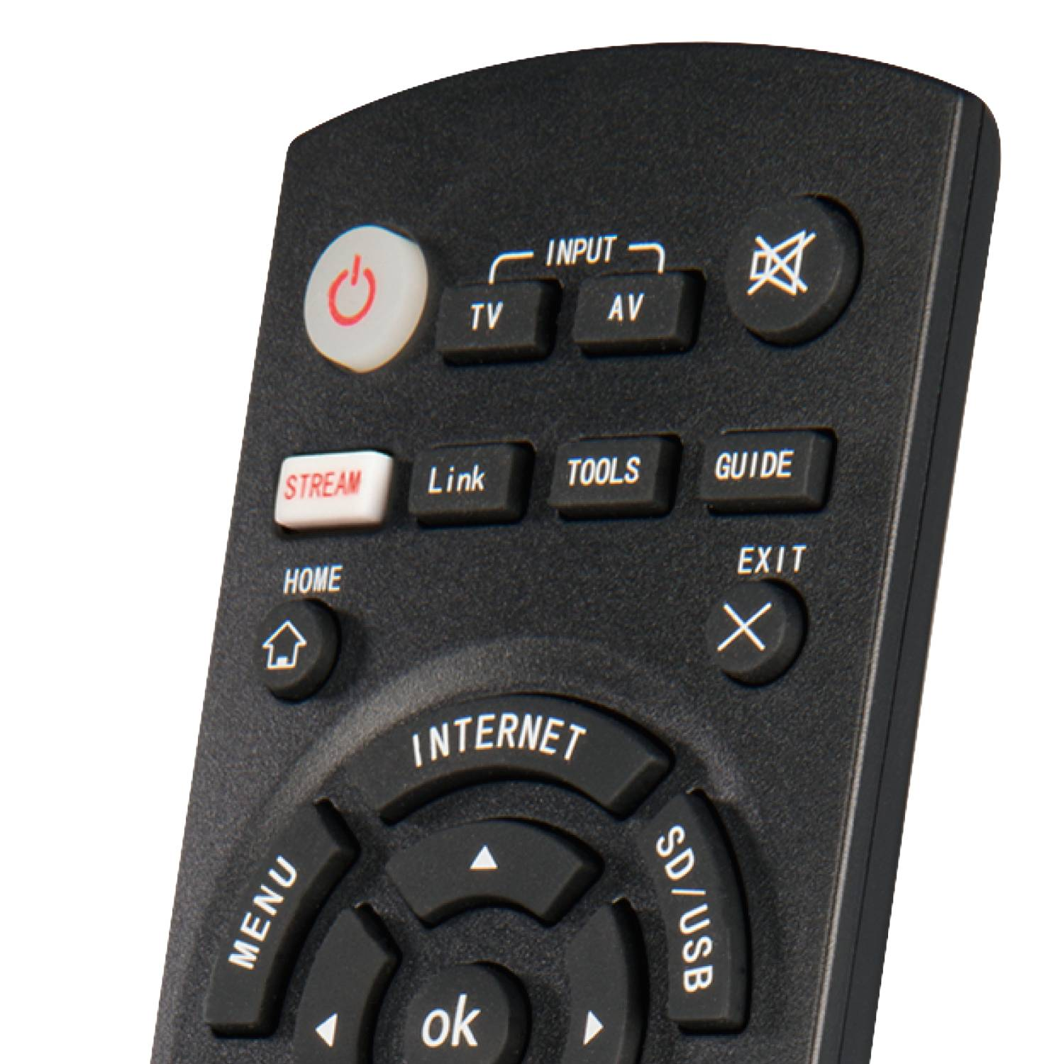 Primer plano de un mando a distancia negro con varios botones, incluyendo encendido, entrada e internet.