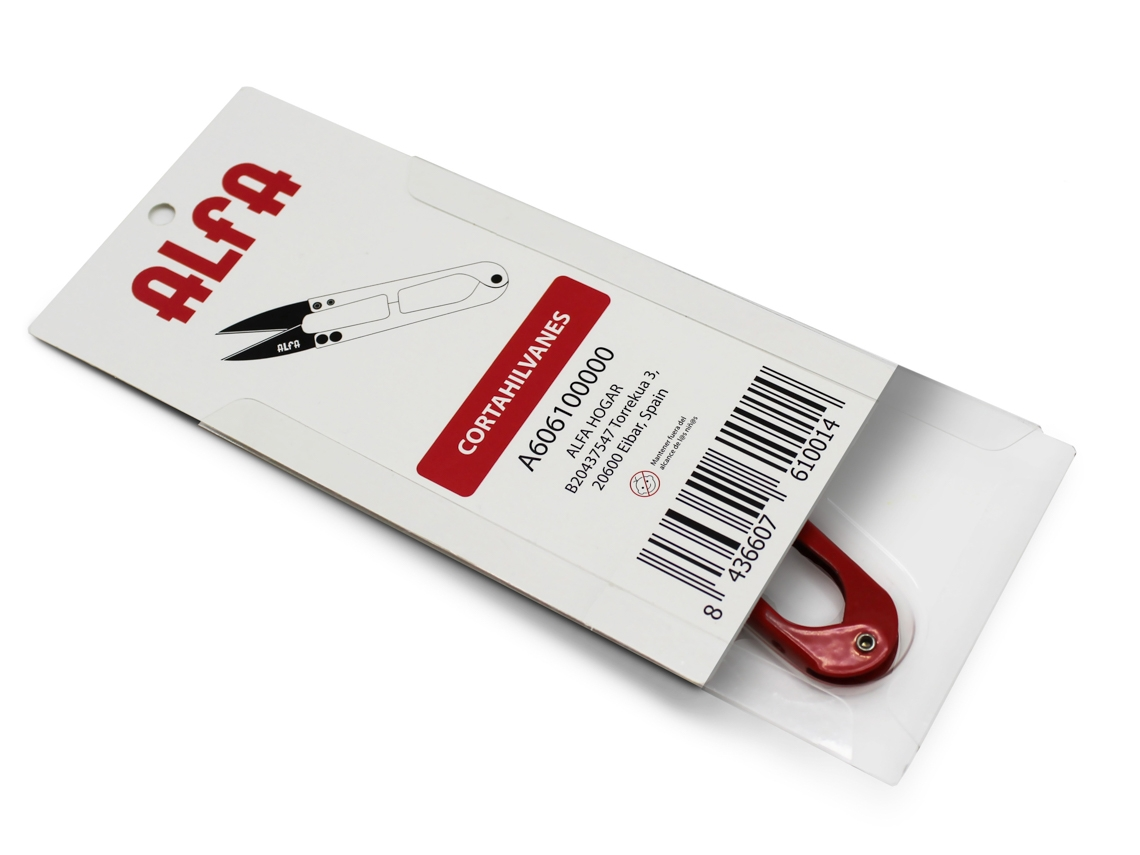 Tijeras en embalaje. Tarjeta blanca con texto rojo e imagen de tijeras. Tijeras rojas y plateadas.