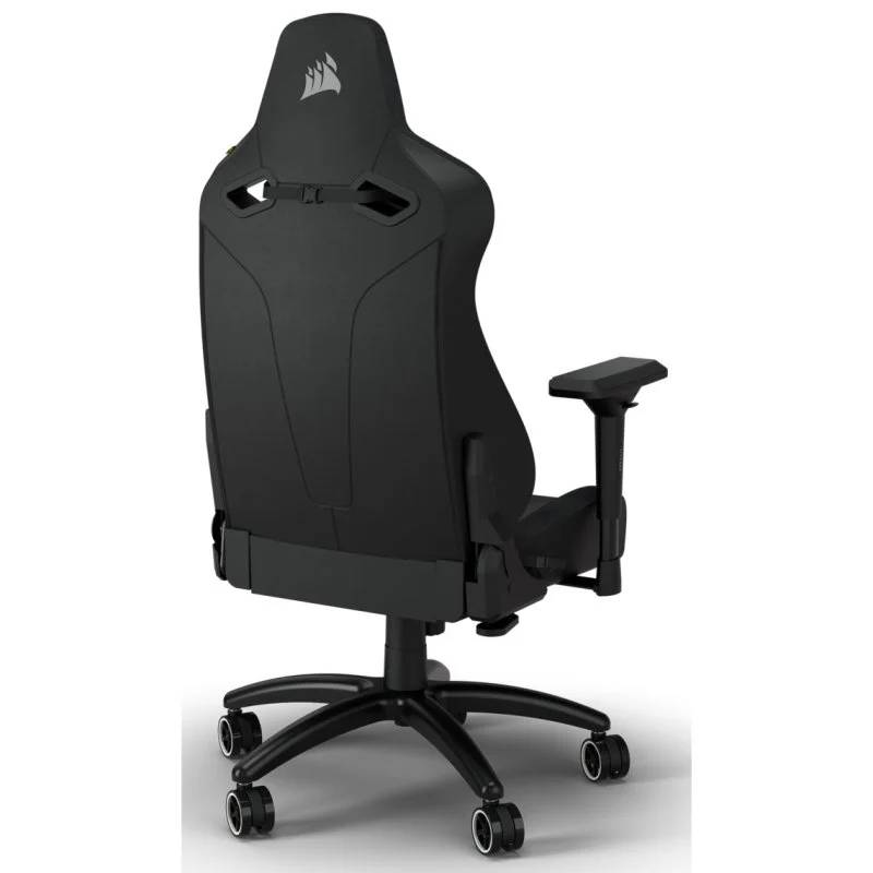 Silla gamer negra con respaldo y reposabrazos distintivos.