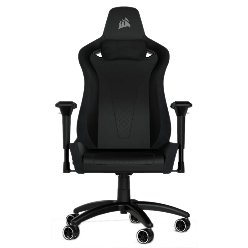Silla gaming negra. Está diseñada para la comodidad y el soporte. Reposacabezas y reposabrazos.