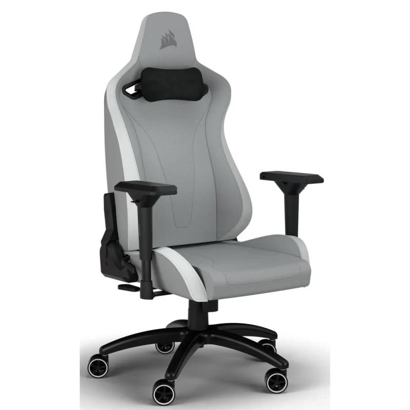 Silla gaming, gris y blanco con detalles negros y reposacabezas.