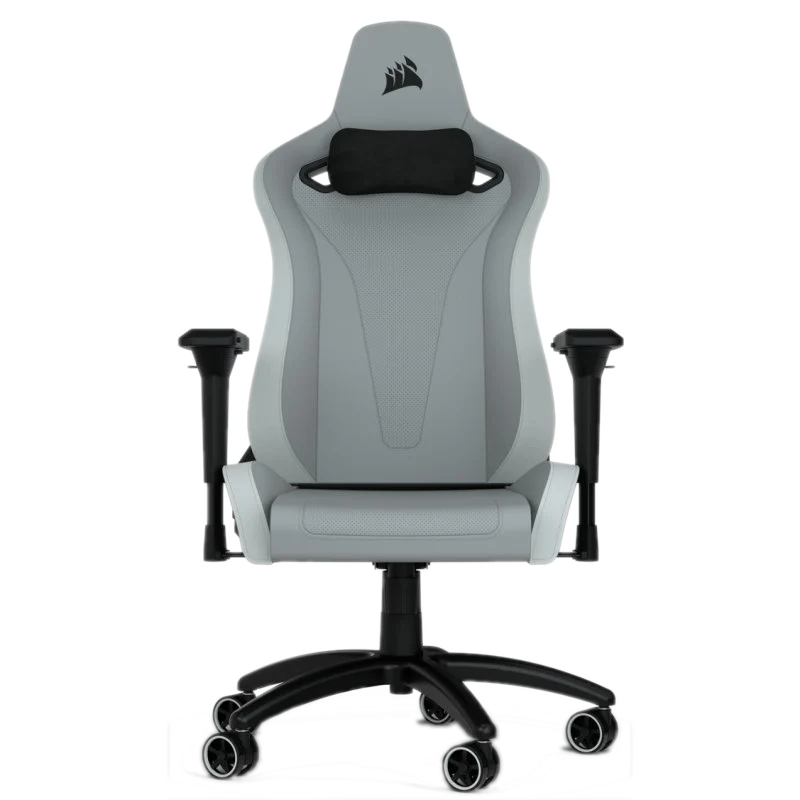 Silla gaming Corsair gris, con reposacabezas negro, sobre base negra.