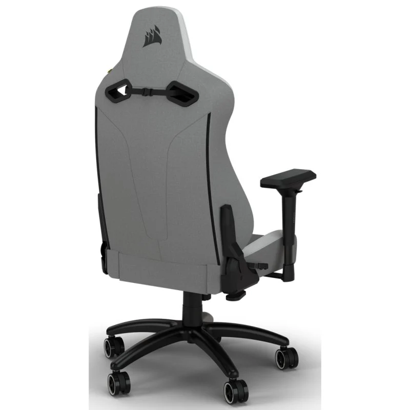 Silla gaming, gris y negra. Vista trasera con respaldo alto y apoyabrazos.